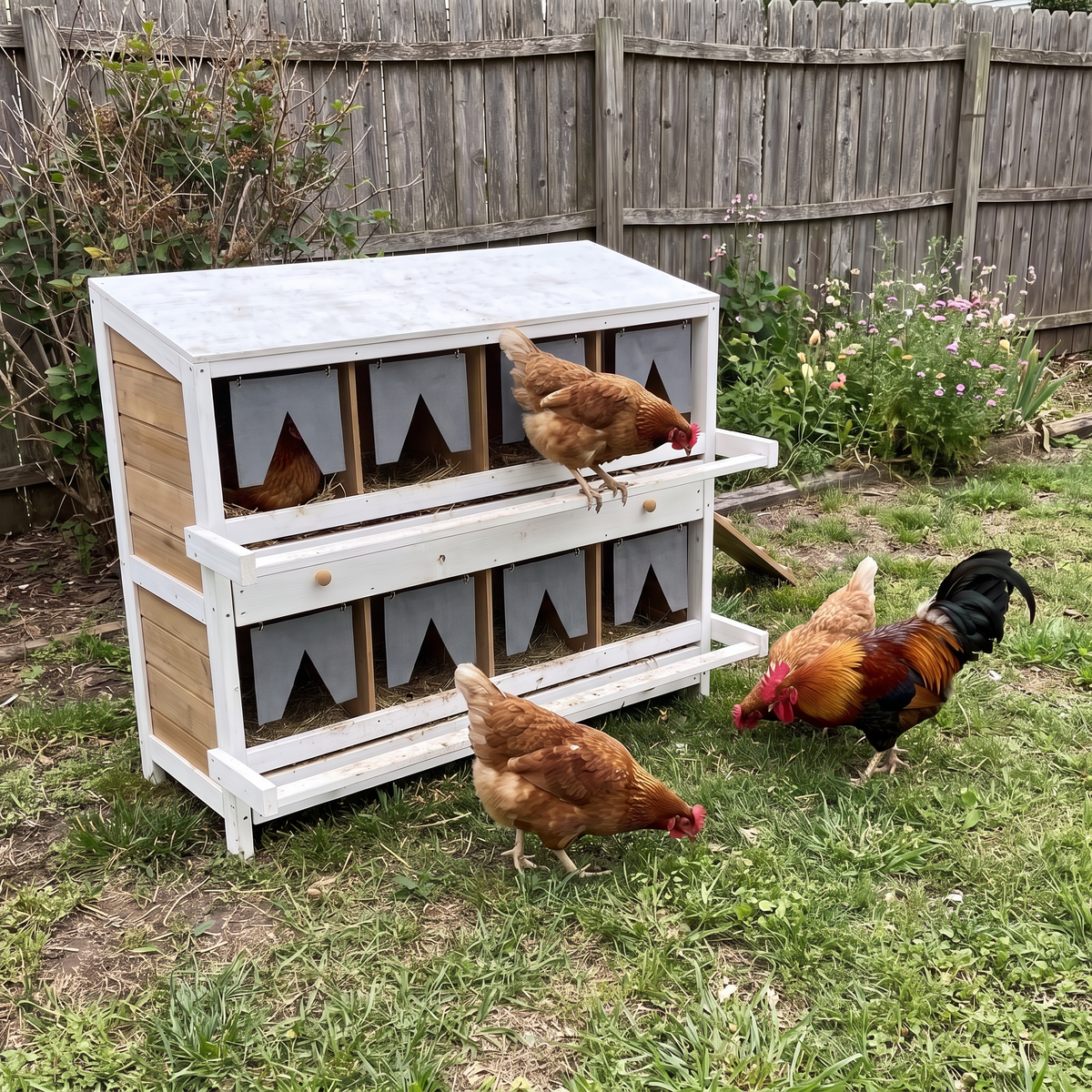 White eight-compartment nesting box on grass with hens at the boxes and a rooster nearby