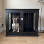 A french bulldog sits inside the black crate end table behind its two closed doors