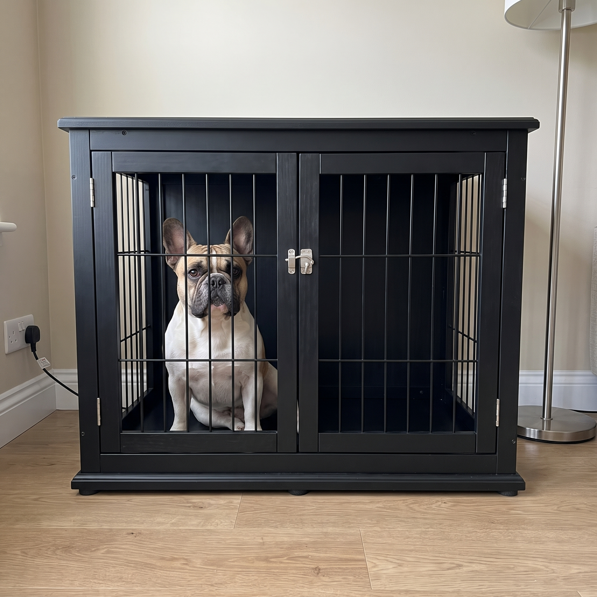 A french bulldog sits inside the black crate end table behind its two closed doors