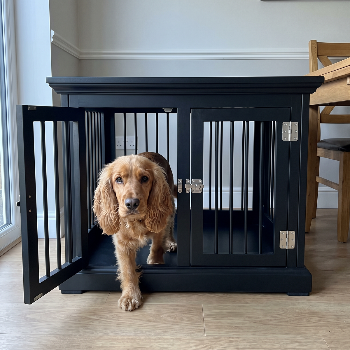 A cocker spaniel steps out of the black crate end table through one open door