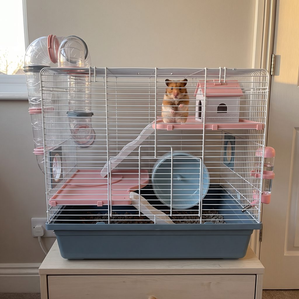 A syrian hamster stands on the upper platform of a three-tier wire cage in a bedroom