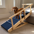 A dachshund walks up the navy and pine dog ramp propped against a bed