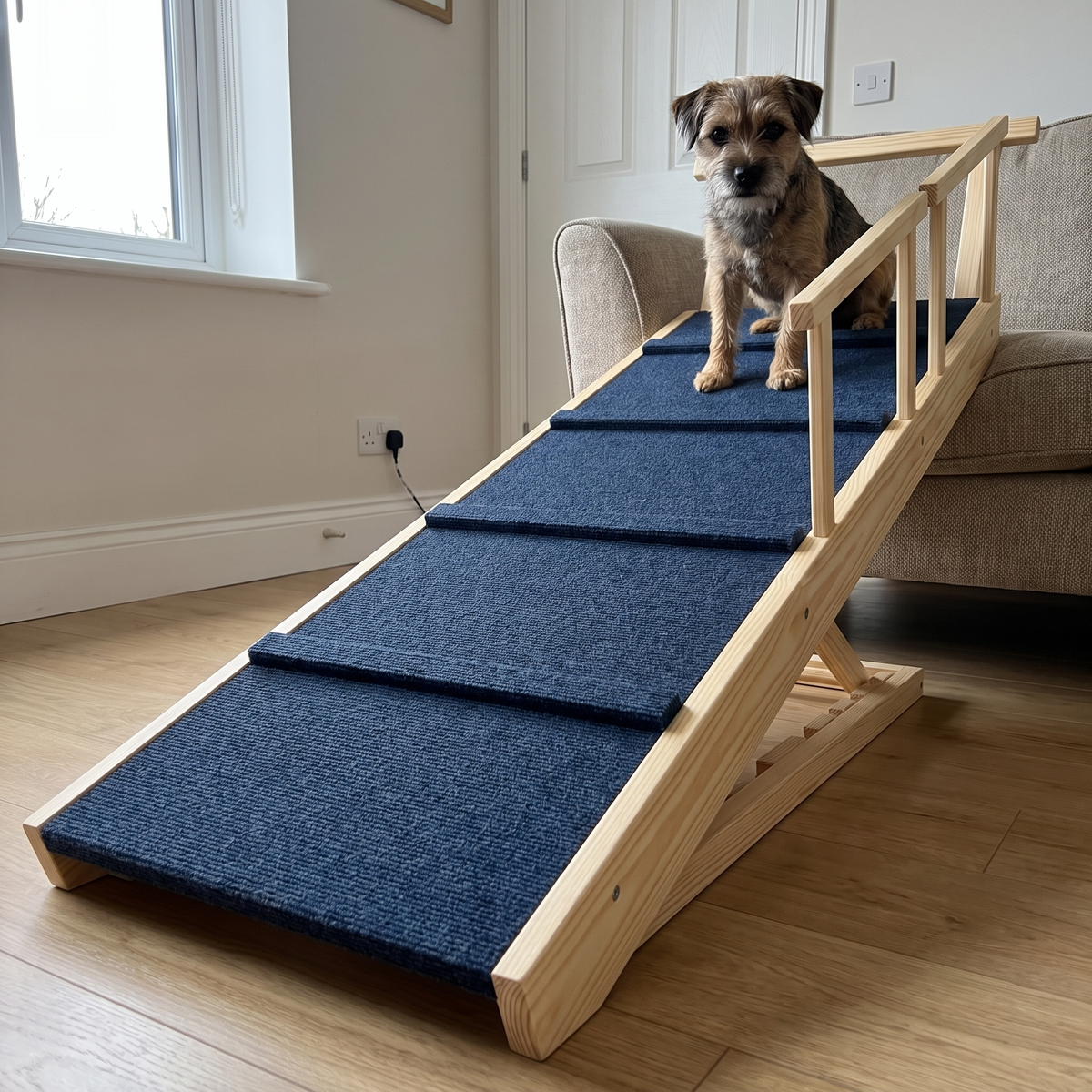 A terrier waits at the top of the pine dog ramp beside a cream armchair