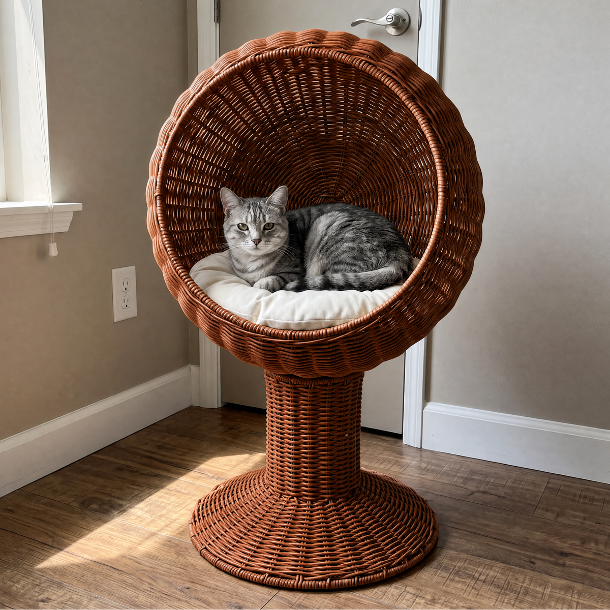 Silver tabby cat curled in the brown woven rattan egg-chair cat bed in a sunlit bedroom corner