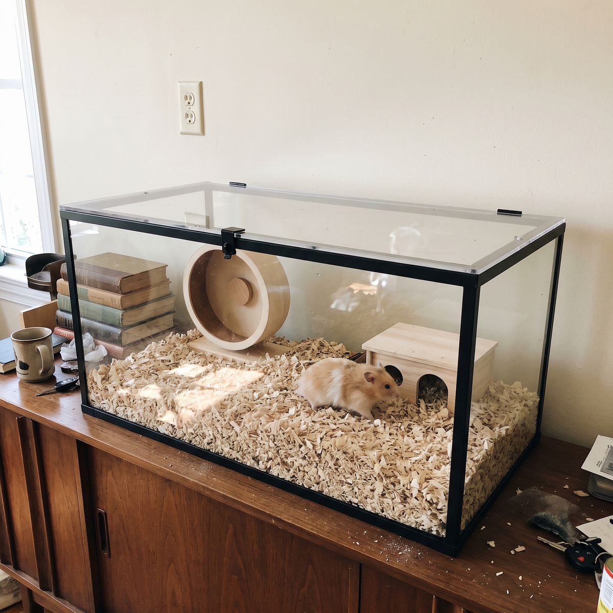 Clear acrylic small-animal habitat with matte black steel frame on a walnut sideboard, Syrian hamster in aspen bedding