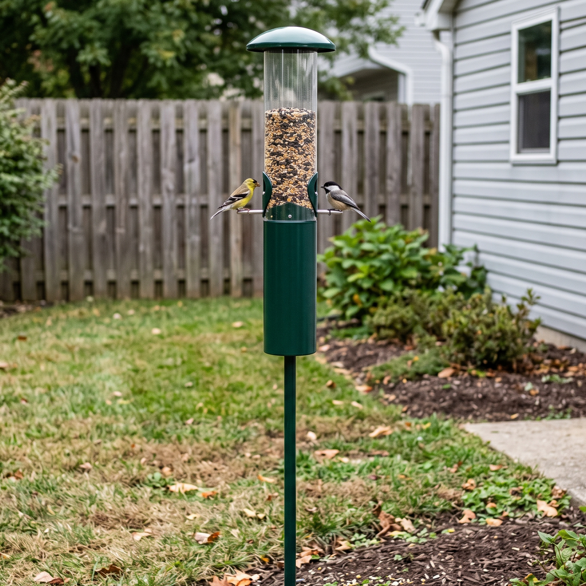 Goldfinch and chickadee feeding at the two front ports of the green squirrel-proof tube feeder in a backyard