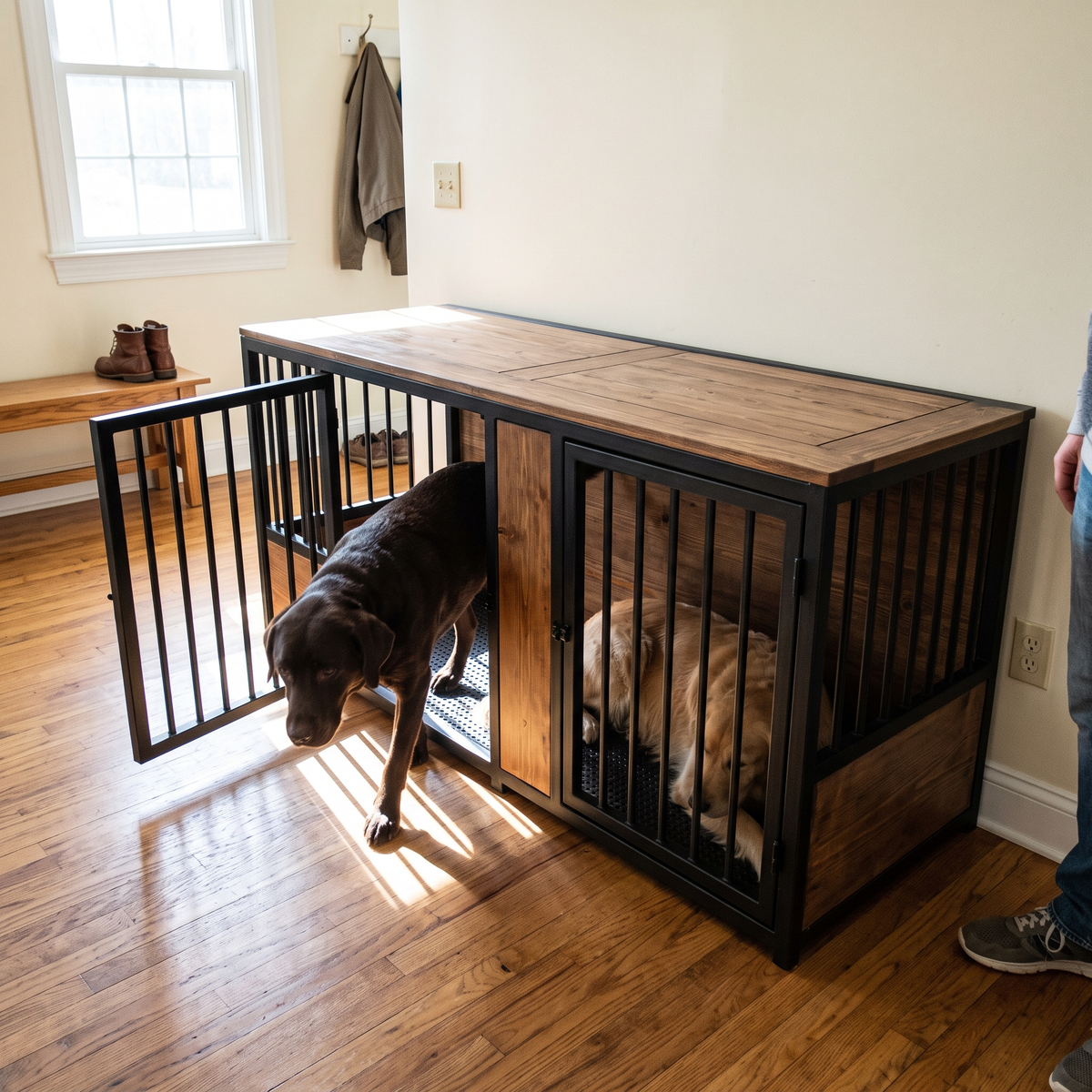 Dog stepping out of the open door of the 75-inch double dog crate console in a sunlit entryway
