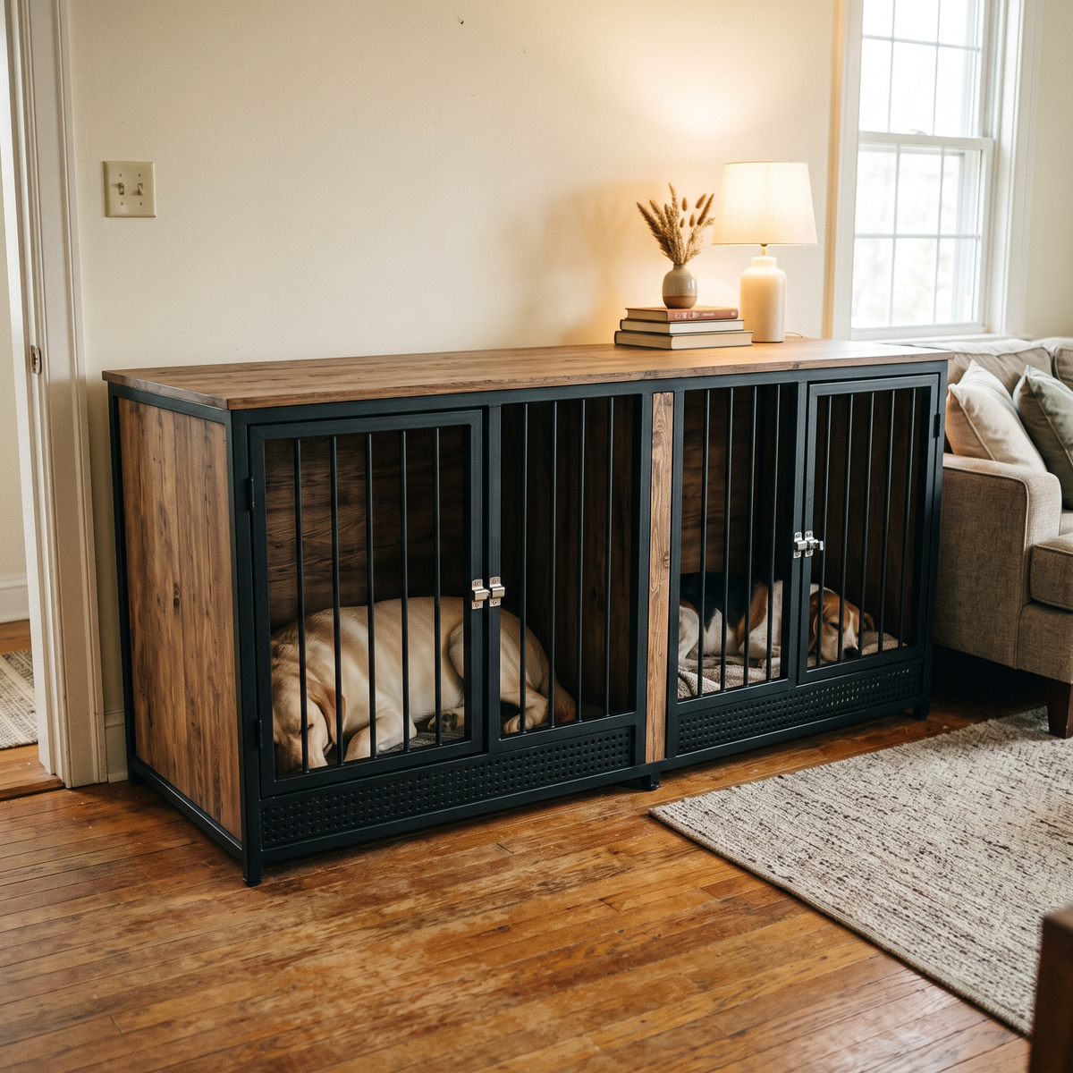 75-inch double dog crate console in a living room with two dogs lying inside, one in each compartment