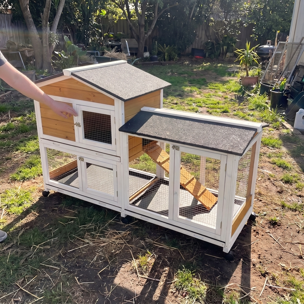 A wooden and white pet playhouse with a small house, wire mesh windows, ramp, and enclosed outdoor area, photographed in a backyard with a person's hand pointing at it.