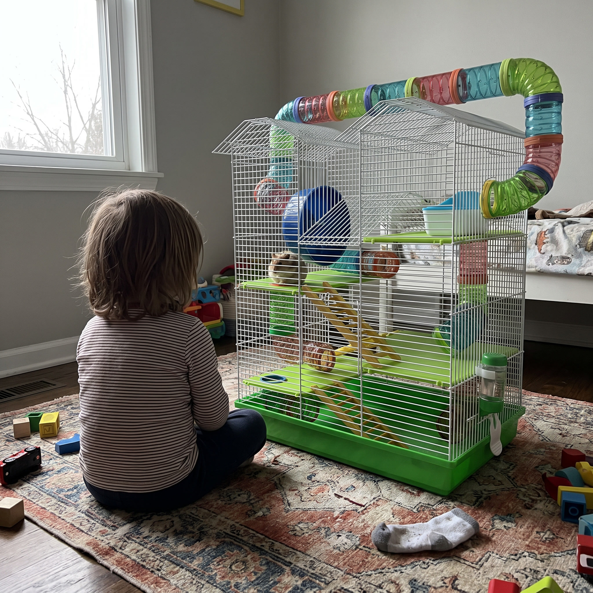 Child sitting on a rug beside the 5-tier hamster cage with green base and tube tunnels in a bedroom