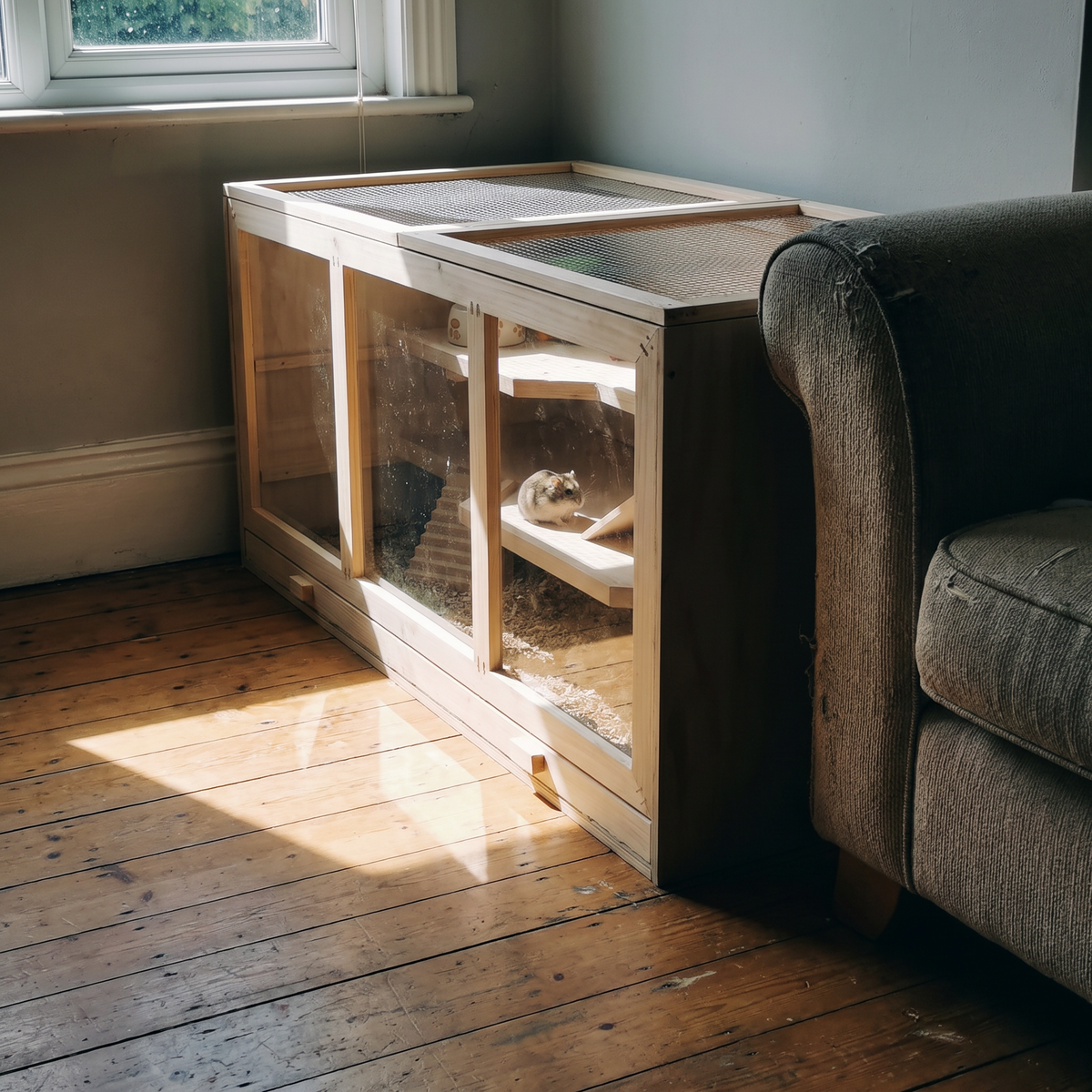 Wooden hamster cage on bare floorboards beside a sofa in morning window light