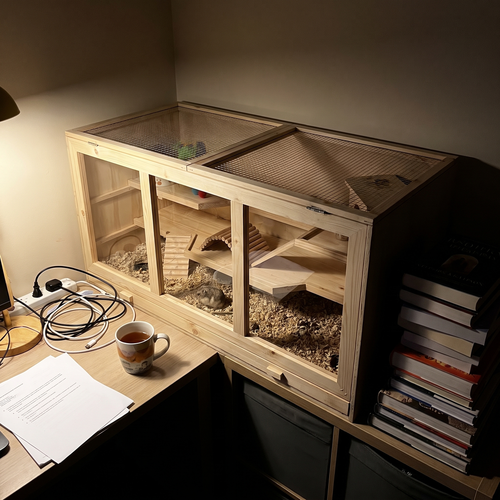 Wooden hamster cage on a unit in a home office lit by a desk lamp in the evening