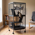Ferret climbing a ramp inside the 4-tier rolling wire cage in a tidy spare room