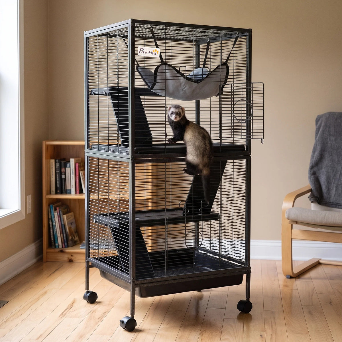 Ferret climbing a ramp inside the 4-tier rolling wire cage in a tidy spare room