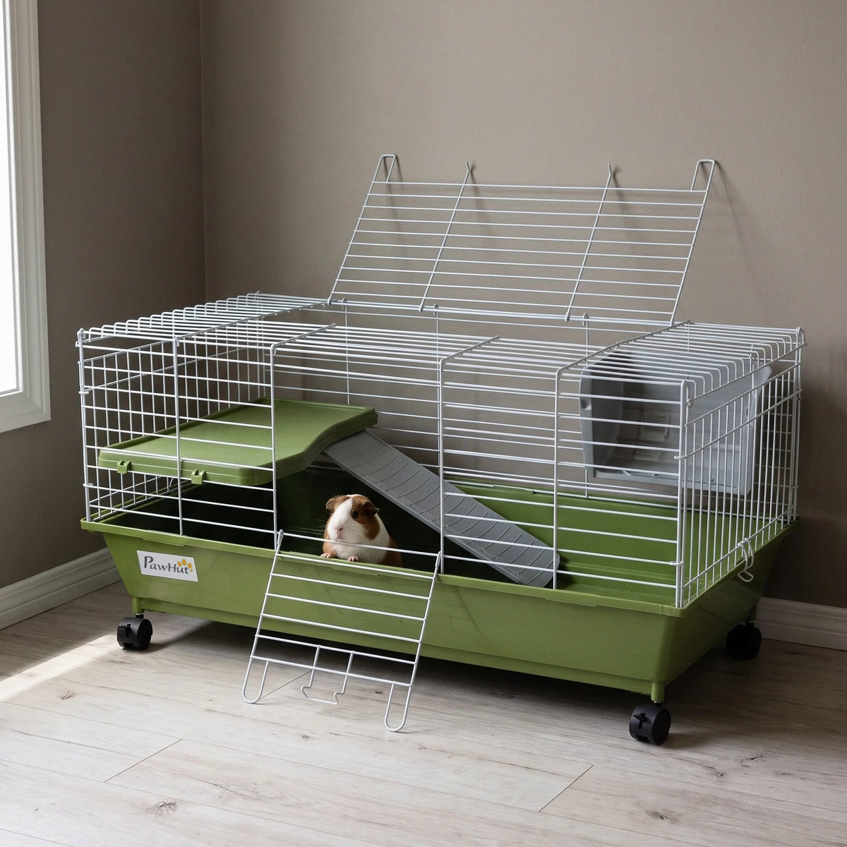 Rolling multi-tier rabbit and guinea pig cage with ramp in a living room - wrenwood hero