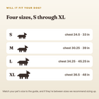 Size chart for the tactical dog harness set - wrenwood sizefit