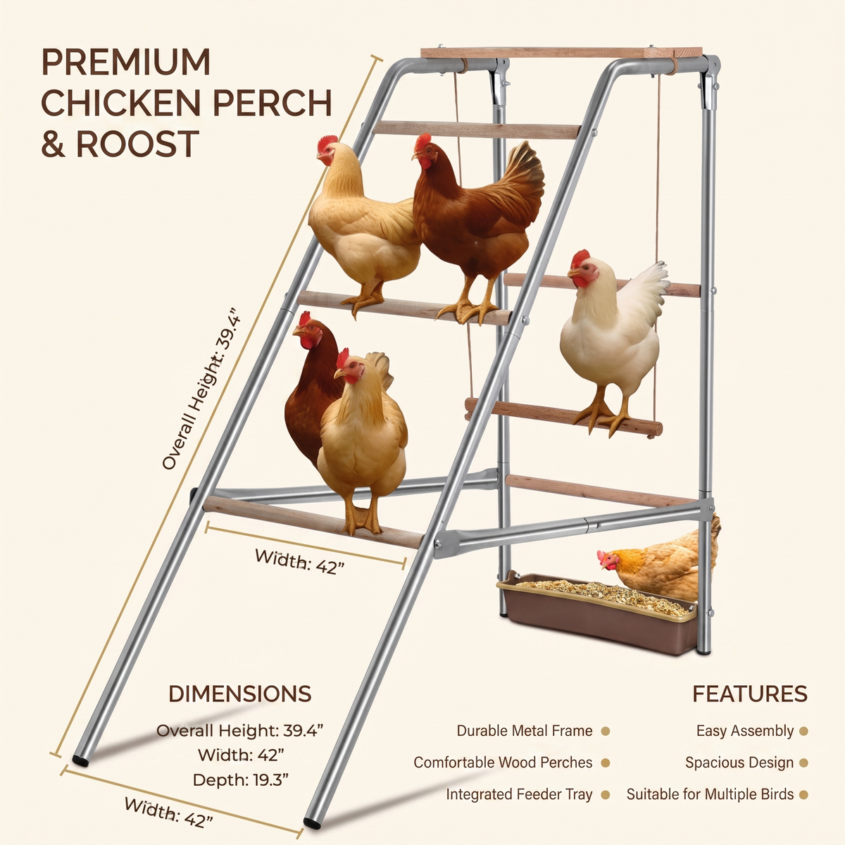 Chicken perch and roost dimensions: overall height 39.4 in, width 42 in, depth 19.3 in