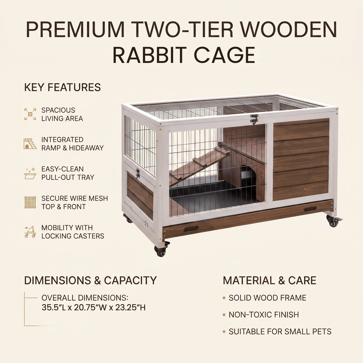 Premium two-tier wooden rabbit cage: 35.5 in long, 20.75 in wide, 23.25 in high, with ramp, pull-out tray and locking casters