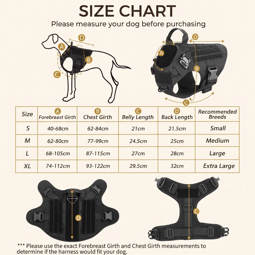 Tactical harness size chart with forebreast girth, chest girth, belly length and back length for sizes S to XL