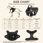 Tactical harness size chart with forebreast girth, chest girth, belly length and back length for sizes S to XL