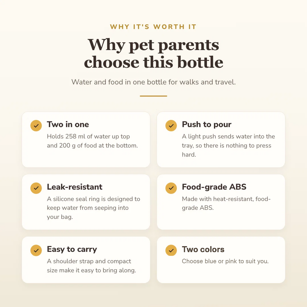 Why buyers choose this bottle: two in one, push to pour, leak-resistant, food-grade ABS, easy to carry, two colors