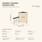 Compact wooden chicken coop overall dimensions: 36.2 in total length, 25.2 in total depth, 27.2 in total height, with main house, nesting box, tray, door and window sizes