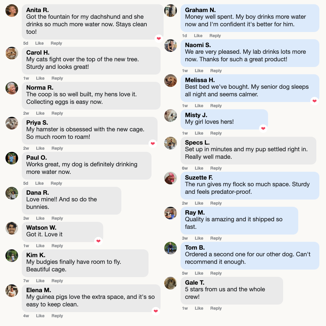 Wall of customer reviews, loved families, real owner comments across our products