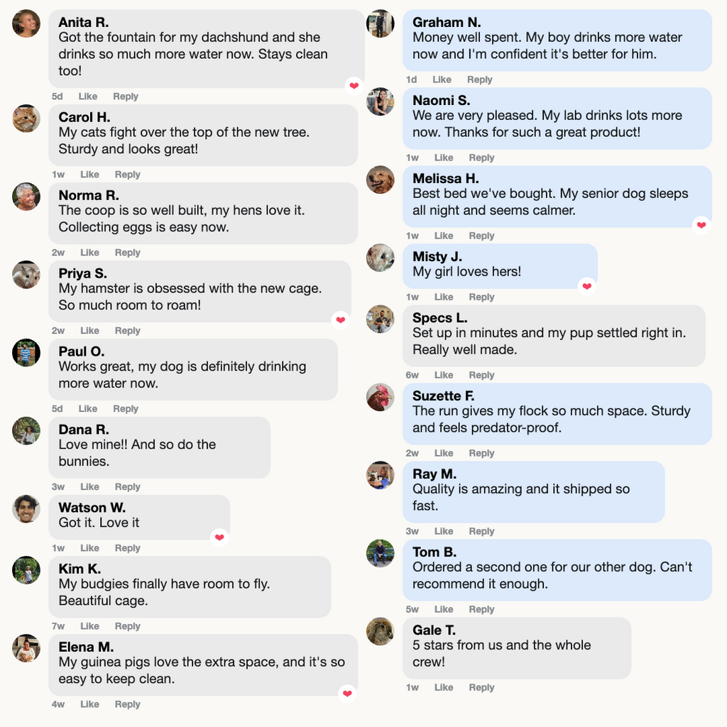 Wall of customer reviews, loved families, real owner comments across our products